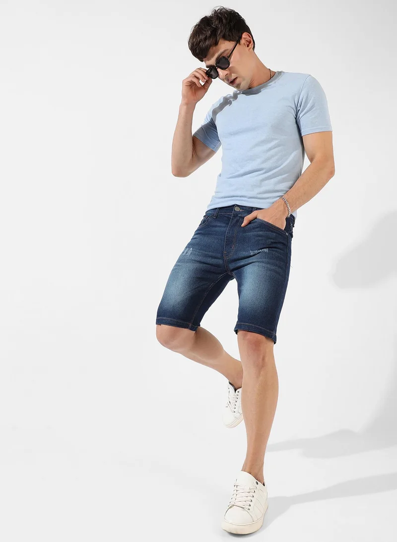CAHOOT  Men's Classic Dark Blue Dark-Washed Distressed Patterned Denim Shorts | Regular Fit | Premium Stretchable Cotton Mid-Rise Crafted With Comfort Fit and High Performance For Everyday Wear for Men | Best Price UAE